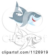 Cartoon Of Colored And Black And White Sharks Royalty Free Clipart