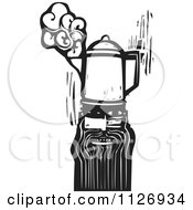 Man With A Coffee Percolator Head Black And White Woodcut