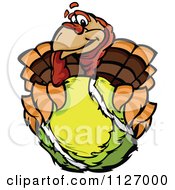 Cartoon Of A Turkey Bird Mascot Holding Out A Tennis Ball Royalty Free Vector Clipart by Chromaco
