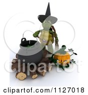 Poster, Art Print Of 3d Witch Tortoise With A Halloween Pumpkin And Cauldron Full Of Eyeballs