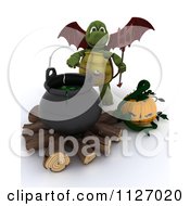 Poster, Art Print Of 3d Devil Tortoise With A Halloween Pumpkin And Cauldron Full Of Eyeballs