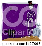 Scared Black Cat Spider Web And Skeleton With A Tombstone On Purple