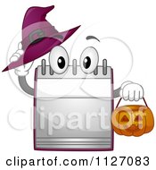 Poster, Art Print Of Calendar Mascot Holding A Halloween Pumpkin Basket And Witch Hat