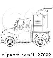 Outlined Worker Driving A Truck With A Furnace In The Bed