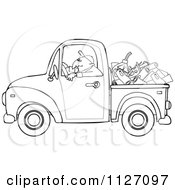 Poster, Art Print Of Outlined Worker Driving A Truck With Firewood Gasoline And A Saw In The Bed