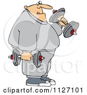 Cartoon Of A Chubby Bald Man Lifting Weights Royalty Free Vector Clipart