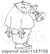 Cartoon Of An Outlined Chubby Bald Man Lifting Weights Royalty Free Vector Clipart