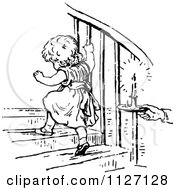 Clipart Of A Retro Vintage Black And White Hand Holding A Candle Behind A Girl Going Up Stairs Royalty Free Vector Illustration