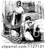 Poster, Art Print Of Retro Vintage Black And White Mother Watching Her Daughter Pray Befored Bed