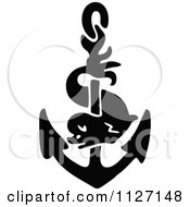 Clipart Of A Retro Vintage Black And White Anchor And Dolphin Royalty Free Vector Illustration