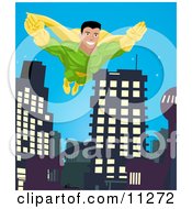 Super Hero Man To The Rescue Flying Through A City Clipart Illustration