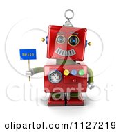 Poster, Art Print Of 3d Red Metal Robot Holding A Hello Sign