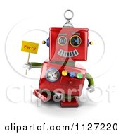 3d Red Metal Robot Holding A Party Sign