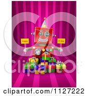 Poster, Art Print Of 3d Red Robot Holding Happy Bday Signs Over Gift Boxes On Pink Stripes