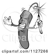 Clipart Of A Grayscale Angry Dynamite Mascot Using A Match To Light A Fuse Royalty Free Vector Illustration