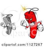 Clipart Of Red And Grayscale Angry Dynamite Mascots Royalty Free Vector Illustration