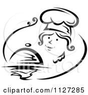 Clipart Of A Black And White Pleasant Female Chef Serving A Cloche Platter Royalty Free Vector Illustration by Vector Tradition SM