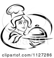 Clipart Of A Black And White Happy Female Chef Serving A Cloche Platter Royalty Free Vector Illustration