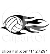 Clipart Of A Black And White Volleyball With Tribal Flames 6 Royalty Free Vector Illustration