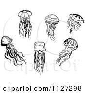 Clipart Of Black And White Jellyfishes Royalty Free Vector Illustration