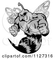 Clipart Of A Grayscale Buff Angry Wasp Royalty Free Vector Illustration