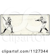 Poster, Art Print Of Retro Baseball Batter And Pitcher Banner Over Tan With Copyspace