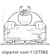 Cartoon Of An Outlined Buff Bull Behind A Wooden Sign Royalty Free Vector Clipart by Cory Thoman