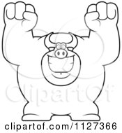 Cartoon Of An Outlined Excited Buff Bull Cheering Royalty Free Vector Clipart