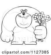 Poster, Art Print Of Outlined Buff Bear Holding Flowers