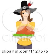 Poster, Art Print Of Thanksgiving Woman Wearing A Pilgrim Hat And Holding A Roasted Turkey