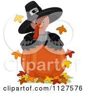Poster, Art Print Of Cute Thanksgiving Turkey Wearing A Pilgrim Hat And Looking Over A Pumpkin