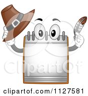 Calendar Mascot Holding A Thanksgiving Pilgrim Hat And Feather