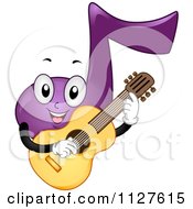Cartoon Of A Happy Purple Music Note Mascot Playing A Guitar Royalty Free Vector Clipart by BNP Design Studio