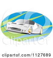 Clipart Of A White Sports Car On A Green And Blue Oval Royalty Free Vector Illustration
