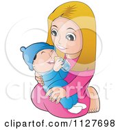 Poster, Art Print Of Happy Mother Or Girl Kneeling And Holding A Baby