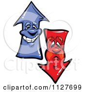 Cartoon Of Happy And Sad Red And Blue Arrow Mascots Royalty Free Vector Clipart
