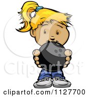 Cartoon Of A Cute Blond Girl Holding A Bowling Ball Royalty Free Vector Clipart by Chromaco