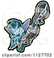 Poster, Art Print Of Blue Lacrosse Demon Mascot Holding A Stick