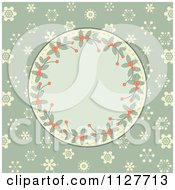 Clipart Of A Retro Holly Christmas Frame Over Snowflakes On Green Royalty Free Vector Illustration