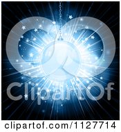 Clipart Of A 3d Blue Christmas Bauble Over A Star Burst On Black Royalty Free Vector Illustration