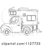 Outlined Man Driving A Pickup With A Camper