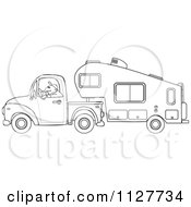 Cartoon Of An Outlined Man Driving A Pickup With A 5th Wheel Camper Royalty Free Vector Clipart by djart #COLLC1127734-0006