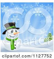 Poster, Art Print Of Happy Snowman In A Scarf And Top Hat In A Winter Landscape