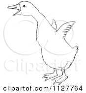 Cartoon Of A Retro Vintage Black And White Gosling Flapping Its Wings Line Drawing Royalty Free Vector Clipart by Picsburg #COLLC1127764-0181