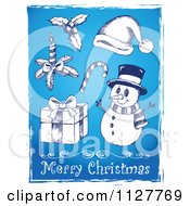 Poster, Art Print Of Merry Christmas Greeting And Sketched Items On Blue