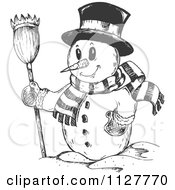 Poster, Art Print Of Sketched Christmas Snowman In A Top Hat And Scarf Holding A Broom