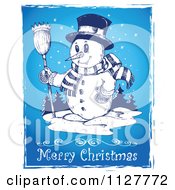 Poster, Art Print Of Merry Christmas Greeting And Sketched Snowman On Blue