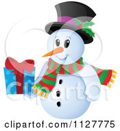 Cartoon Of A Christmas Snowman Holding A Present 1 Royalty Free Vector Clipart