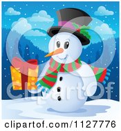 Cartoon Of A Christmas Snowman Holding A Present 2 Royalty Free Vector Clipart