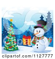 Cartoon Of A Christmas Snowman Holding A Present 3 - Royalty Free Vector Clipart by visekart #COLLC1127777-0161